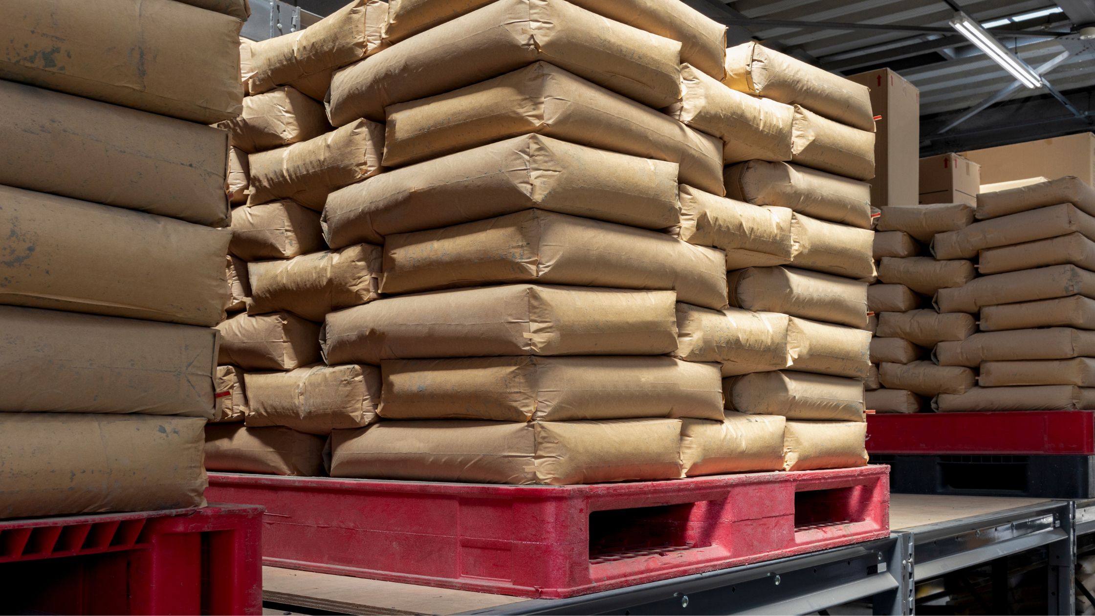 Sacks stacked on red pallets