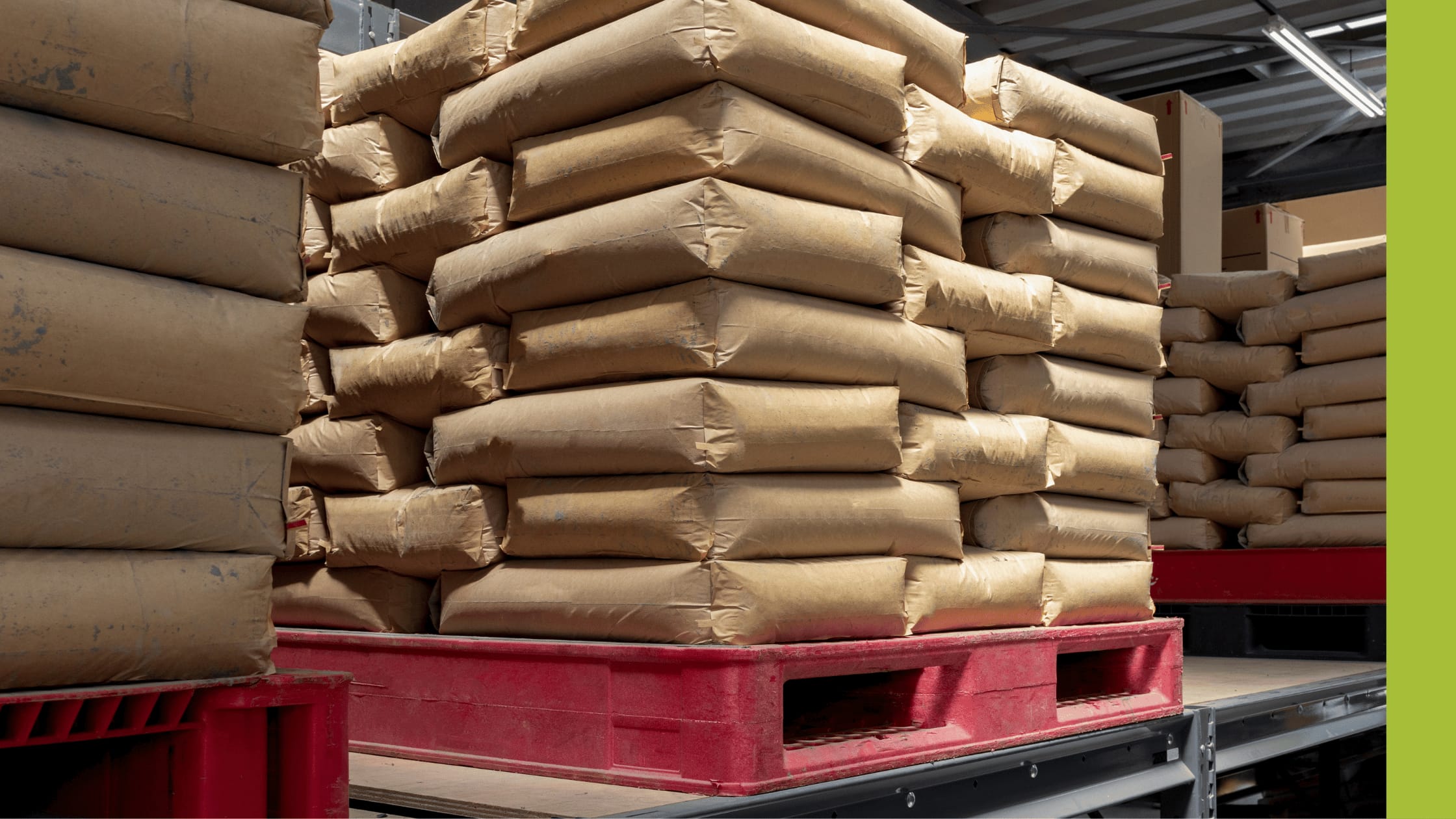 Sacks stacked on red pallets