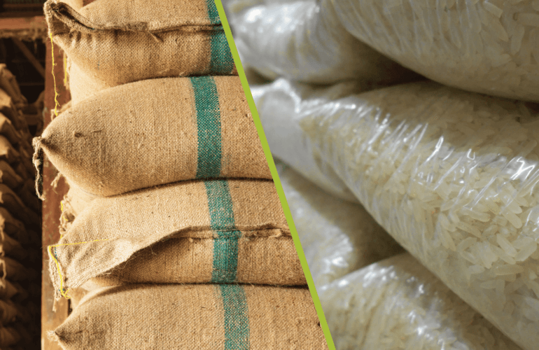 A split image shows filled hessian sacks on one side, and filled plastic rice bags on the other side