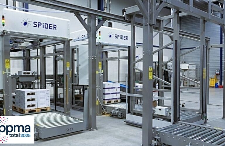 Spider modular palletisers, with PPMA Total Show logo in bottom left corner.